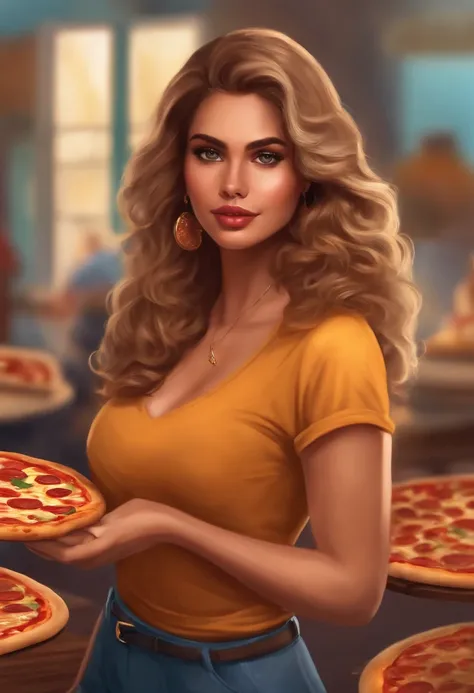 1 chica, chica guapa, grandes pechos, cabello rubio, bronceada, chica alta, chica colegiala, traje repartidora de pizza