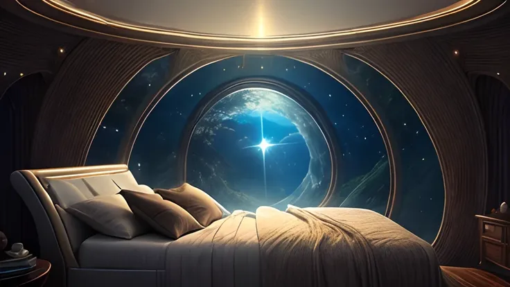 a conventional bed in a fantastic world with beautiful alien nature, en el cielo se ven varias lunas, estrellas y galaxias, la i...