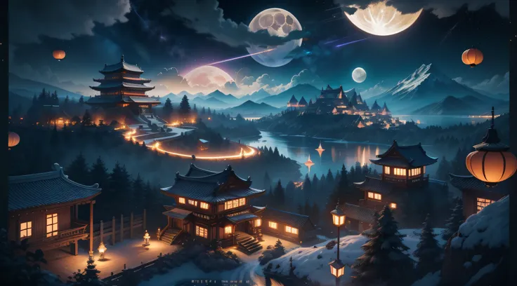 tmasterpiece，Best quality at best，（Very detailed CG unity 8K wallpaper），（Best quality at best），（The best illustrations），paper lanterns、China-style、inside in room，Panoramic window sills、（Huge Full Moon、super moon、In the middle of thepicture）、Far Mountain、Cl...