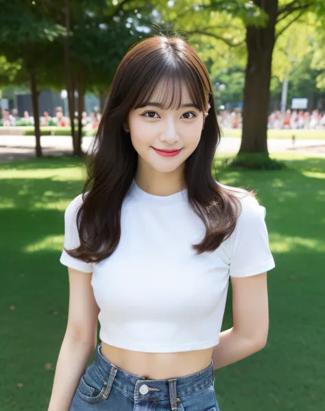 Tight denim skirt, White Cut T-Shirt, The navel is visible, Graceful figure, Coquettish, Random captivating moves, Facing the camera, Imaginative, First love、park background、Japan Person Model、Young Sensual Gravure Idol、Young cute gravure idol、Realistic Yo...