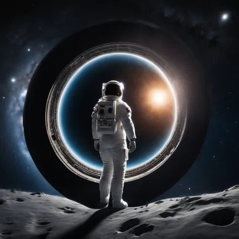 In the vast expanse of space,  an astronaut wearing a spacesuit stands in front of a black hole. In a weightless state,  meteorites float around. It has surrealism,  ultra wide angle photography,  official art,  8k,  realism,  best quality complex details,...