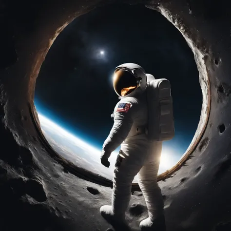 In the vast expanse of space,  an astronaut wearing a spacesuit stands in front of a black hole. In a weightless state,  meteorites float around. It has surrealism,  ultra wide angle photography,  official art,  8k,  realism,  best quality complex details,...