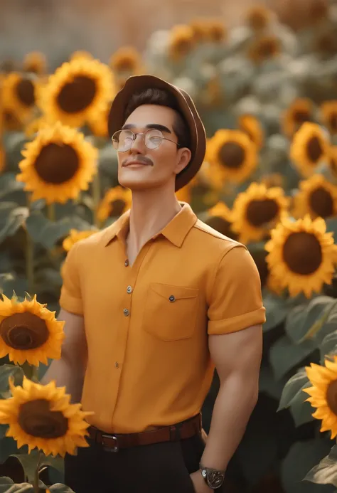 men portrait, the garden is full of sunflowers, clay material, cartoonish design style, pop mart, soft lighting, smooth lines, tilt-shift lenses, detailed science fiction illustrations, hyper-realistic details, warm color