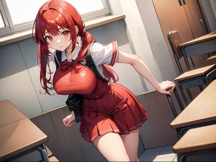 hi-school girl、(Full Red Uniform)、fullllbody、In the classroom of  the school、((Colossal tits))、Red hair、Longhaire、poneyTail、Standing facing the front、Loli-ish