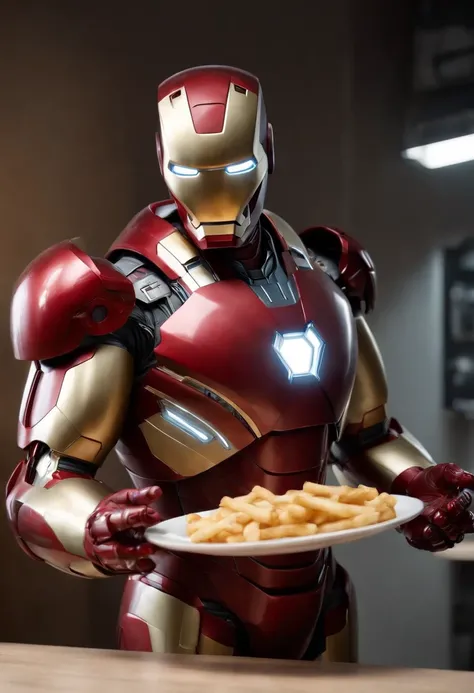 Marvels somber half-length portrait of Iron Man behind a table with a plate of salchichas en trozos acompañado de papas fritas, with intricate angular cybernetic implants within a futuristic kitchen, cyberpunk, Foto premiada, Neon lights, cybernetic limb, ...