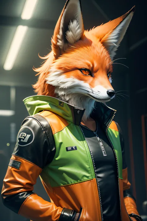 portrait of a realistic fox - wearing a high-neck leather jacket in light green and orange, some robotic parts, in the vray tracing style, neonpunk, photorealistic techniques, konica big mini, detailed costumes,
colab, cool, unbiased atmosphere, 8k, sharp ...