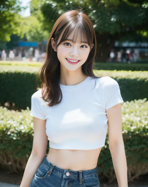 Tight denim skirt, White Cut T-Shirt, The navel is visible, Graceful figure, Coquettish, Random captivating moves, Facing the camera, Imaginative, First love、Park background、Japan Person Model、Young Sensual Gravure Idol、Young cute gravure idol、Realistic Yo...