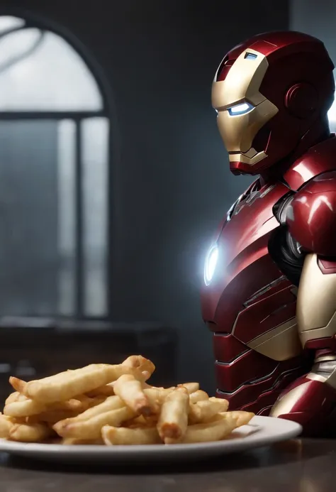 Marvels somber half-length portrait of Iron Man behind a table with a plate of salchichas en trozos acompañado de papas fritas, with intricate angular cybernetic implants within a futuristic kitchen, cyberpunk, Foto premiada, Neon lights, cybernetic limb, ...