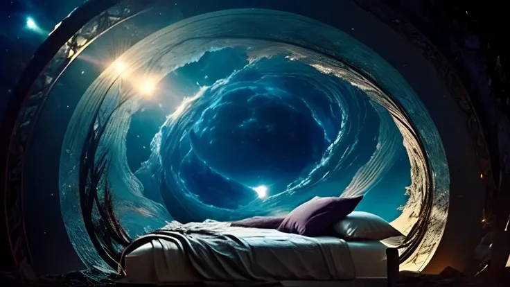 A conventional bed in a fantastic world with beautiful alien nature, en el cielo se ven varias lunas, estrellas y galaxias, la imagen inspira paz y alegria