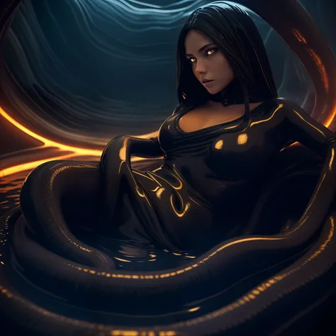 Brunette woman in a pool of black liquid, waist deep in black liquid, perfect face, glowing amber eyes, detailed face, silky smooth skin, stomach has alien tentacles, legs have black alien tentacles, dark foggy backgroun, dark foggy room, dark and gritty a...