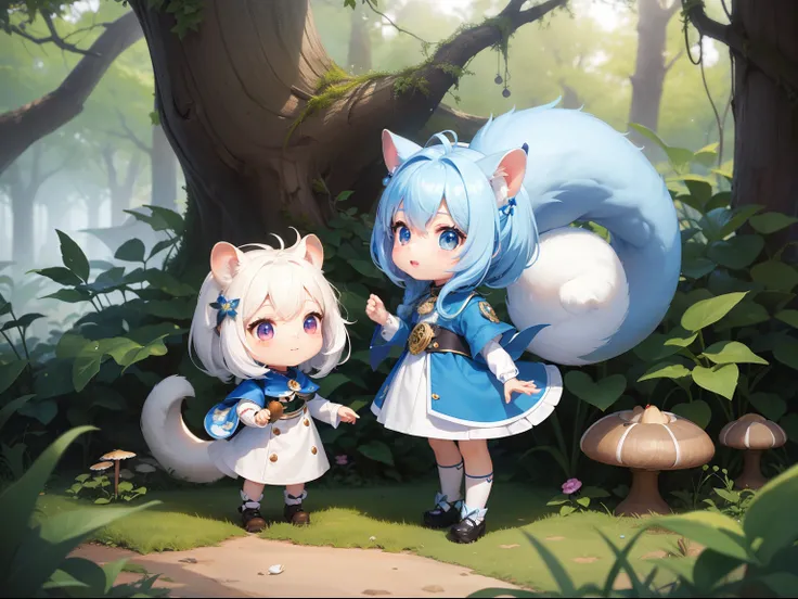 There is a small white squirrel with an acorn in his hand,  Chibichara　A cute girl with blue hair is also with me。It is a cute costume in white and blue。Dark eyes。cute forest creature, Cute mushrooms also grow、Adorable Digital Painting, cute detailed digit...