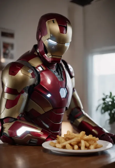 Marvels somber half-length portrait of Iron Man behind a table with a plate of salchichas en trozos acompañado de papas fritas, with intricate angular cybernetic implants within a futuristic kitchen, cyberpunk, Foto premiada, Neon lights, cybernetic limb, ...