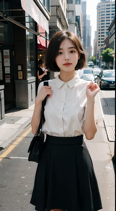 teens girl，photographers，gentle and cute，short detailed hair，（Hold your ID card），（Carry-on baggage），Hands up，the city street，long  skirt