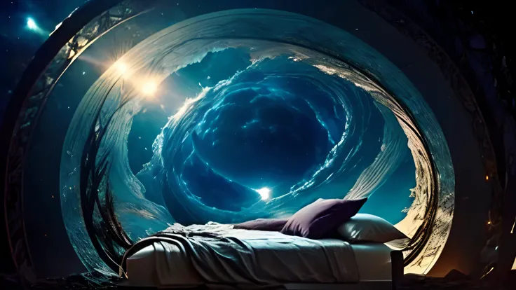 A conventional bed in a fantastic world with beautiful alien nature, en el cielo se ven varias lunas, estrellas y galaxias, la imagen inspira paz y alegria