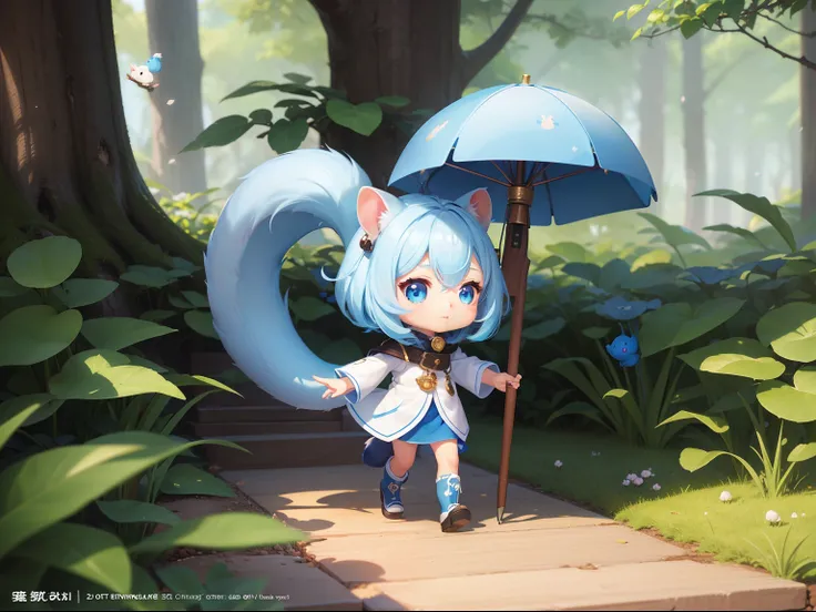 There is a small white squirrel with an acorn in his hand,  Chibichara　A cute girl with blue hair is also with me。It is a cute costume in white and blue。Dark eyes。cute forest creature, Cute mushrooms also grow、Adorable Digital Painting, cute detailed digit...