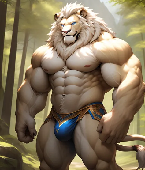 nj5furry, (albino lion, massive, huge), albino lion, ((extremely realistic shadows, masterpiece, extremely detailed, photorealistic)), kemono, lion, blue eyes, ((detailed eyes)) luminescence in his eyes, white fur, white skin, white hair, white manewearing...