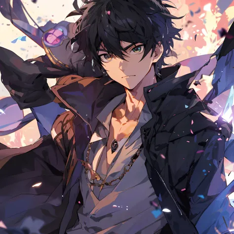 Menino anime com cabelo preto e uma camisa branca e jaqueta preta, inspirado em Okumura Masanobu, cara bonito na arte demon slayer, cara de anime alto com olhos azuis, pose de anime bonito, arte chave do anime, badass anime 8 k, arte chave detalhada do ani...