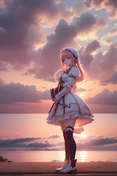 Seafront, Sunrise clouds, Longsword Art Online, Lolita costume dress, Dynamic posture， 8K, High detail, hyper qualit, high resolution, 8k smooth, landscape shot, 8K, High detail, hyper qualit, high resolution, 8k smooth, landscape shot, super wide shot,  i...