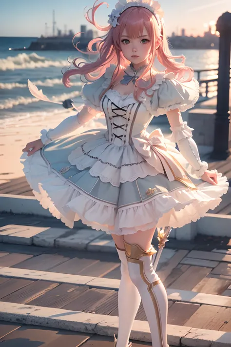 Seafront, Sunrise clouds, Longsword Art Online, Lolita costume dress, Dynamic posture， 8K, High detail, hyper qualit, high resolution, 8k smooth, landscape shot, 8K, High detail, hyper qualit, high resolution, 8k smooth, landscape shot, super wide shot,  i...