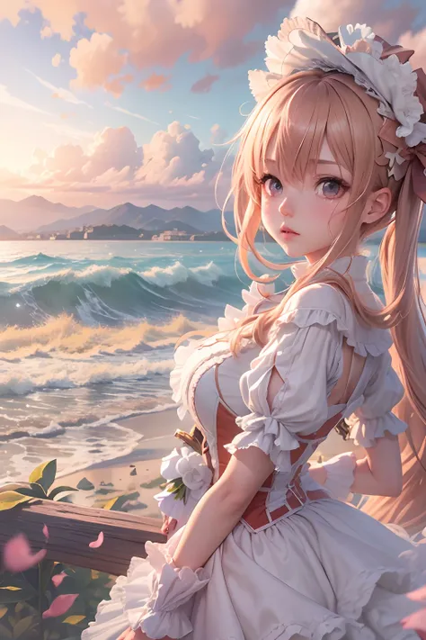 Seafront, Sunrise clouds, Long Sword Art Online, Lolita costume dress, Dynamic posture， 8K, High detail, hyper qualit, high resolution, 8k smooth, landscape shot, 8K, High detail, hyper qualit, high resolution, 8k smooth, landscape shot, super wide shot,  ...