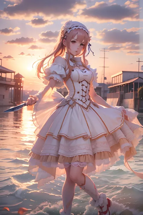 Seafront, Sunrise clouds, sword art online, Lolita costume dress, Dynamic posture， 8K, High detail, hyper qualit, high resolution, 8k smooth, landscape shot, 8K, High detail, hyper qualit, high resolution, 8k smooth, landscape shot, super wide shot,  iso-d...