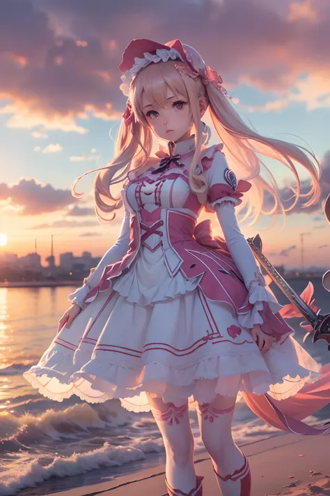 Seafront, Sunrise clouds, sword art online, Lolita costume dress, Dynamic posture， 8K, High detail, hyper qualit, high resolution, 8k smooth, landscape shot, 8K, High detail, hyper qualit, high resolution, 8k smooth, landscape shot, super wide shot,  iso-d...