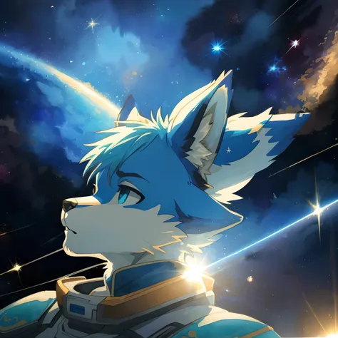 Stacia Burlington style, watercolor, soft color, Vintage images, highres, paid reward available, High-quality illustrations, unparalleled masterpiece(battle movie of space ship)STAR Ocean, Cosmic suit(furry anthro:1.7)absurdres(highly detailed beautiful fa...