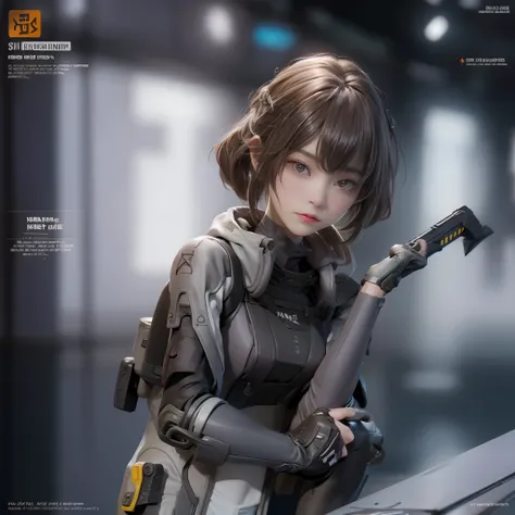 The alone young short light brown hair with purple eye woman as the lone character, stand alone holding a sci-fi pistol and sci-fi sniper rifle , sci-fi city , High detail mature face, combat suit, white glove, black boot, high res, ultra sharp, She stands...