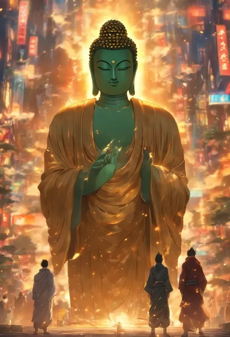 （The upper body of a giant tall Buddha statue in the distance：1.5，），（race
Bopunk city background：1.2），（真实感：1.4），（best qualtiy：1.0），（Super high ratings：1.0），8K， RAW photos，（tmasterpiece：0.2），ultra - detailed，(Pilgrims on the road：0.8)