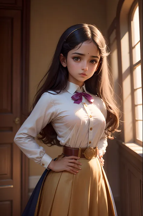 girl in school uniform, in the style of firmin baes, lilia alvarado, y2k aesthetic, indian pop culture, anne stokes, colorized, detailed attention to costume and fashion, sexualized, erected nipples, cameltoe, hyperrealista