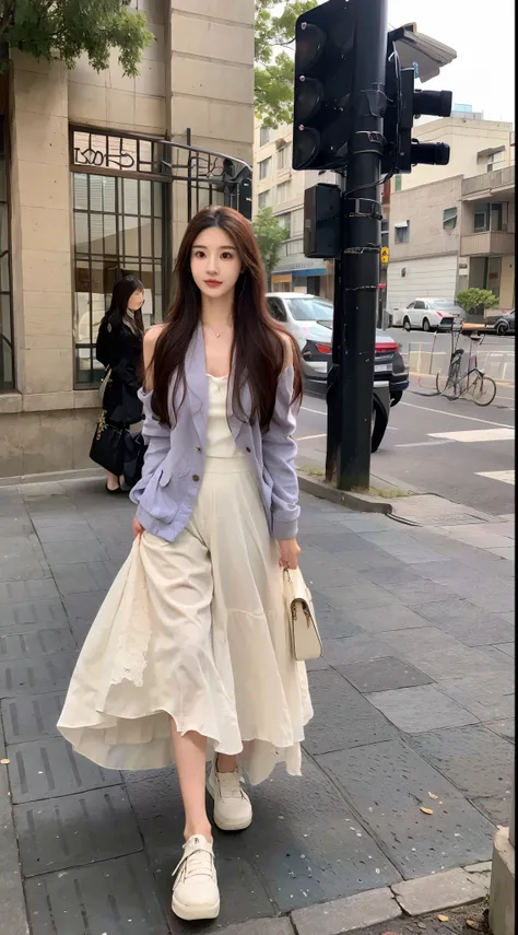 Alapi woman in dress and jacket standing on the sidewalk, CGCOSIETY, Gorgeous young Korean woman, Middle Metaverse, wearing white camisole, white lace clothing, korean womens fashion model, Lovely woman, gorgeous chinese models, photo of slim girl model, L...