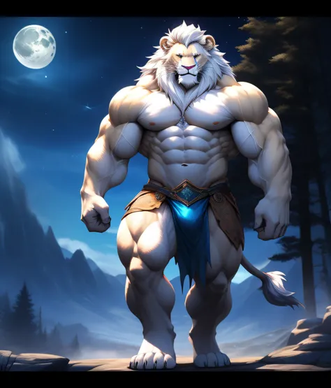 nj5furry, (albino lion, massive, huge), albino lion, ((extremely realistic shadows, masterpiece, extremely detailed, photorealistic)), kemono, lion, blue eyes, ((detailed eyes)) luminescence in his eyes, white fur, white skin, white hair, white mane, night...