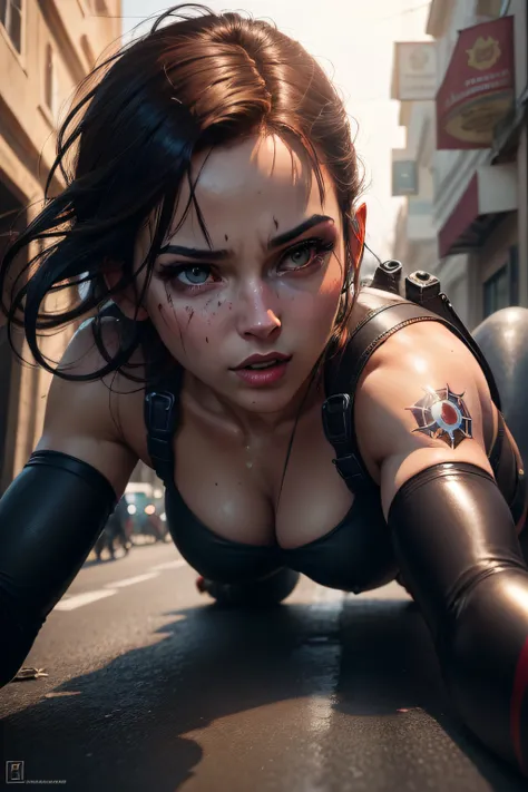 Costumed woman lying face down crawling down a street with blood on her body, Wojtek FUS, Cosplay realista, Lara Croft como Mulher-Aranha, deviantart artstation cgscosiety, arte conceitual ultra realista, amouranth as a super villain, Resident Evil Inspira...