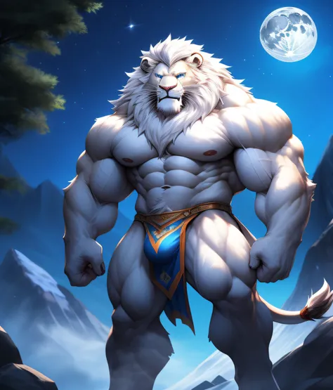 nj5furry, (albino lion, massive, huge), albino lion, ((extremely realistic shadows, masterpiece, extremely detailed, photorealistic)), kemono, lion, blue eyes, ((detailed eyes)) luminescence in his eyes, white fur, white skin, white hair, white mane, night...