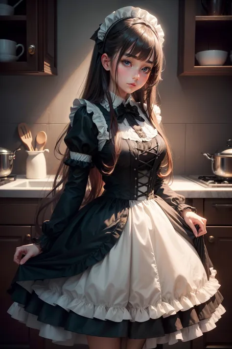 1 girl,long hair,maid costume,black dress,crinoline,apron,stockings,black pumps,kitchen backdrop,masterpiece:1.2,ultra-detailed,photorealistic,vivid colors,portrait,soft lighting