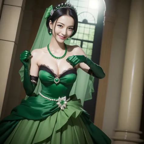 Boyish very short black hair, lipsticks, Japan woman smiling, Green Long Grove,　Emerald Tia boyish very short black hair, lipsticks, Japan woman smiling, Satin green long gloves,　emerald tiara, Pearl Necklace, verd s eyes, Green eyes, Long green gloves mad...