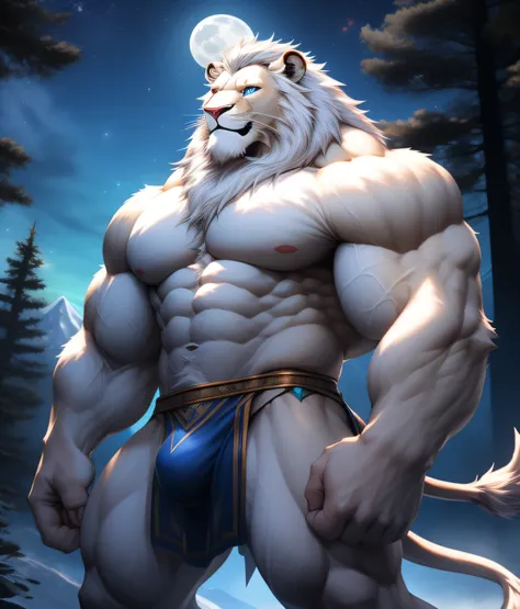 nj5furry, (albino lion, massive, huge), albino lion, ((extremely realistic shadows, masterpiece, extremely detailed, photorealistic)), kemono, lion, blue eyes, ((detailed eyes)) luminescence in his eyes, white fur, white skin, white hair, white mane, weari...