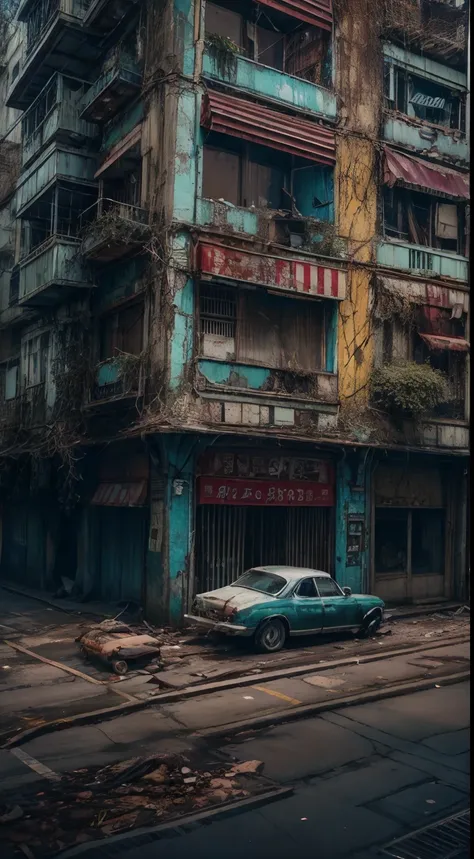 cidade abandonada, com cores neutras, foggy，greenery crawls over abandoned city buildings, cinema shot, complex urban background...