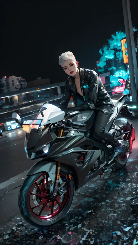 masterpiece, best quality, Confident cyberpunk girl, full body shot, ((standing in front of motorcycle)), Harajuku-inspired pop outfit, bold colors and patterns, eye-catching accessories, trendy and innovative hairstyle, vibrant makeup, Cyberpunk dazzling ...