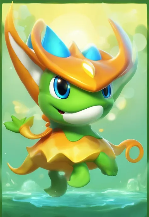 Manta Ray, orange horns, green and green scales, green dragon wings, yellow glowing eyes, best quality, masterpiece