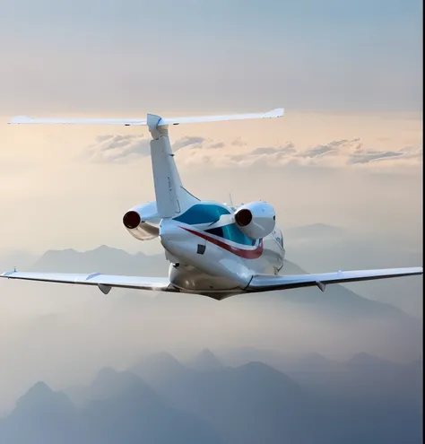 There was a small white plane flying in the sky，The background is mountains, Planes, flying aircrafts, Renaissance rain clouds overhead, low - level view, aerodynamic imposing, fused aircraft parts, photo mid shot, low view, airplane in the sky, Jet wing o...