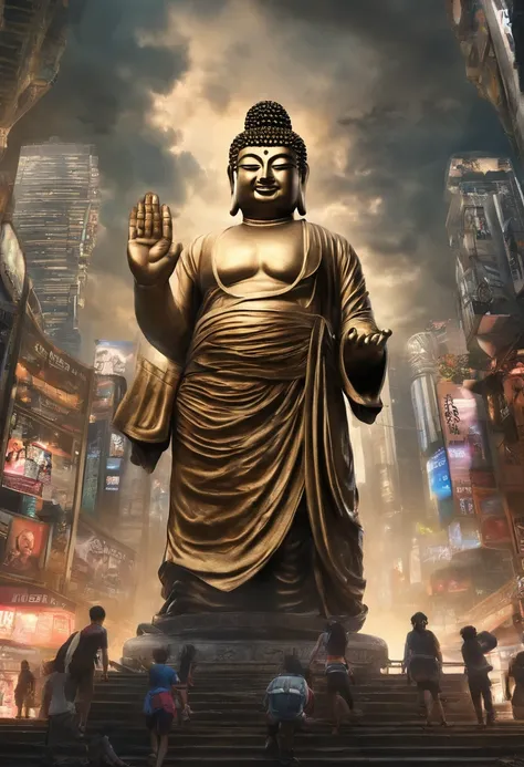 （The upper body of a giant tall Buddha statue in the distance：1.5，），（race
Bopunk city background：1.2），（真实感：1.4），（best qualtiy：1.0），（Super high ratings：1.0），8K， RAW photos，（tmasterpiece：0.2），ultra - detailed，(Pilgrims on the road：0.8)