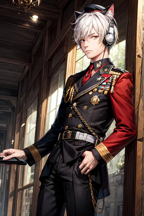 best quality,masterpiece,original,extremely detailed wallpaper,looking at viewer,1boy,solo,adult,male focus,white_hair,military_uniform,military_hat, cat ear headphones,