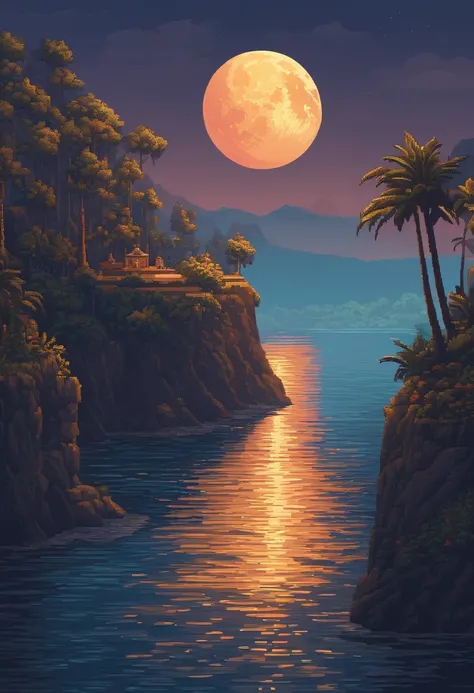 Pixel art of giant moon rising on calm sea, beautiful detailed pixel art, detailed pixel art, lo-fi retro videogame, concept pixelart, detailed pixel artwork, Pixel art style, pixel town, pixel art animation, high quality pixel art, Dolphins jump off the s...