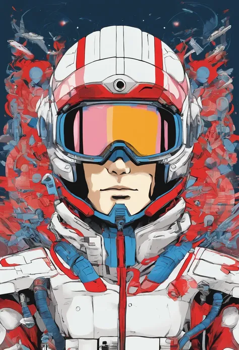 Alafed image of a man in a red suit and a blue helmet, inspired by Otomo Katsuhiro, katsuhiro, Char Aznable album art, kastuhiro otomo, Katsuhiro - Otomo, Leiji Matsumoto, Katsuhiro Otomo, dio brando, otomo, joseph joestar, Artist Katsuhiro Otomo