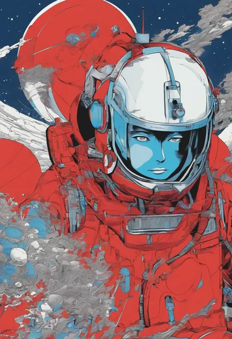 Alafed image of a man in a red suit and a blue helmet, inspired by Otomo Katsuhiro, katsuhiro, Char Aznable album art, kastuhiro otomo, Katsuhiro - Otomo, Leiji Matsumoto, Katsuhiro Otomo, dio brando, otomo, joseph joestar, Artist Katsuhiro Otomo