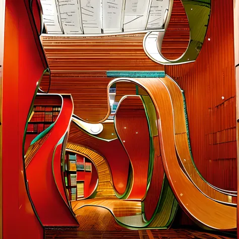 modern art red library reception, creative shapes, curved red ceiling, no wood, weird stacks