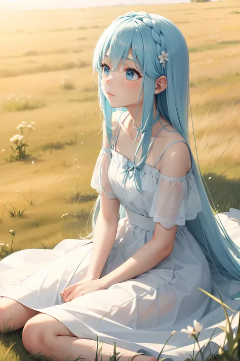 Light blue long hair、grass field，Look up，Looking to the sky，evening glow，Pure white dress，sitting on the grassland，Slouching，Wisely