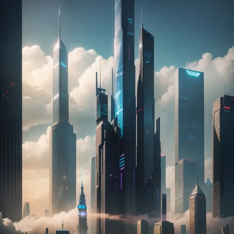 cyberpunked、ＳＦart by、top-quality、​masterpiece、Skyscrapers towering high through the clouds、Glass-walled skyscrapers、StarWars、Fantasia、Beautiful city、planet earth、Space City、、８Ｋ、