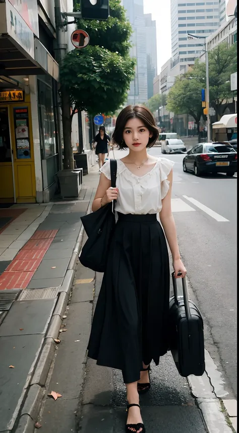 teens girl，photographers，gentle and cute，short detailed hair，（Carry-on baggage），the city street，long  skirt